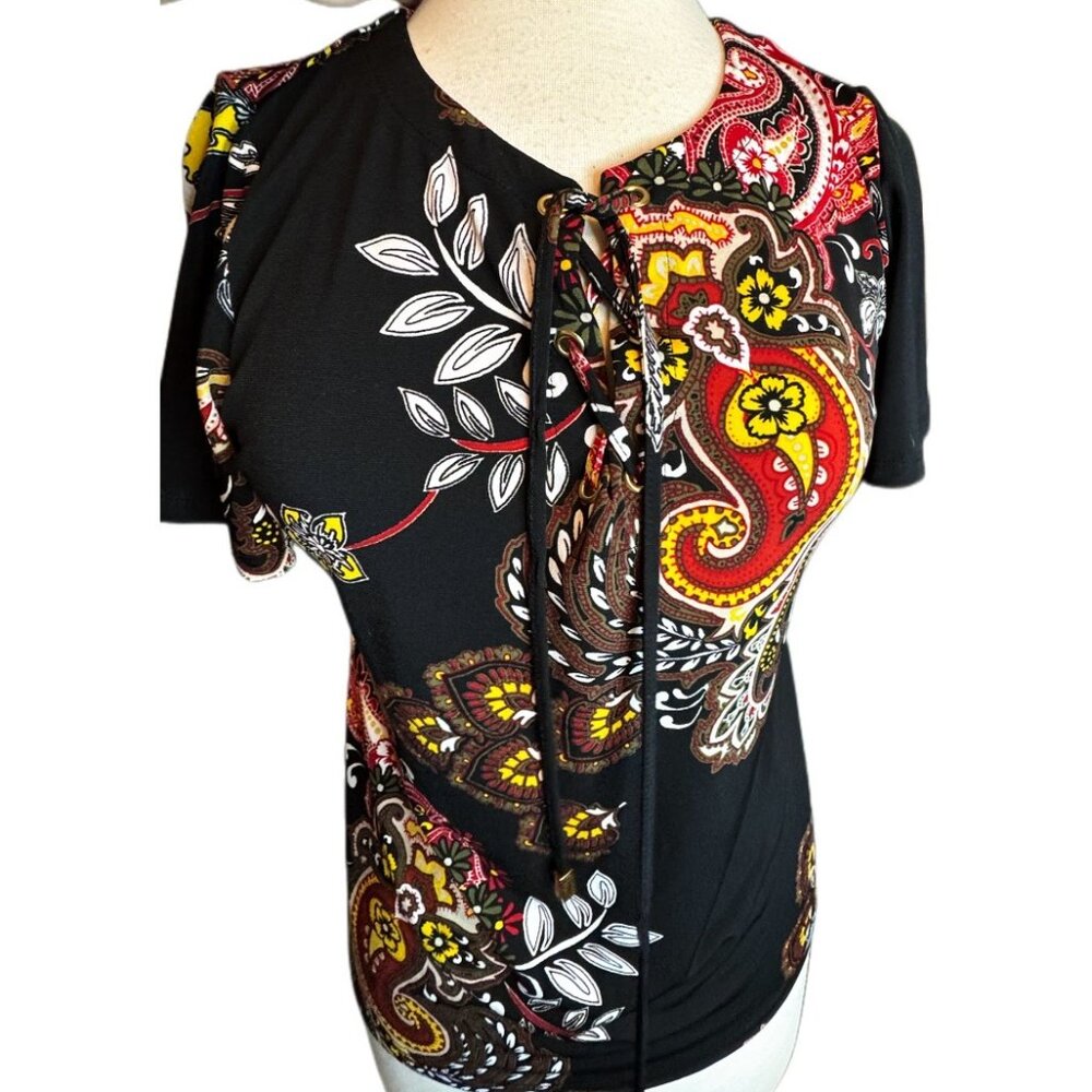 Liz Clairborne Breathable Black Colorful Short Sleeves Top Summer Blouse New Sm